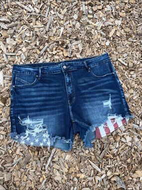 KanCan Dark Blue Distressed Denim Shorts with Flag Accent - Plus Size 20